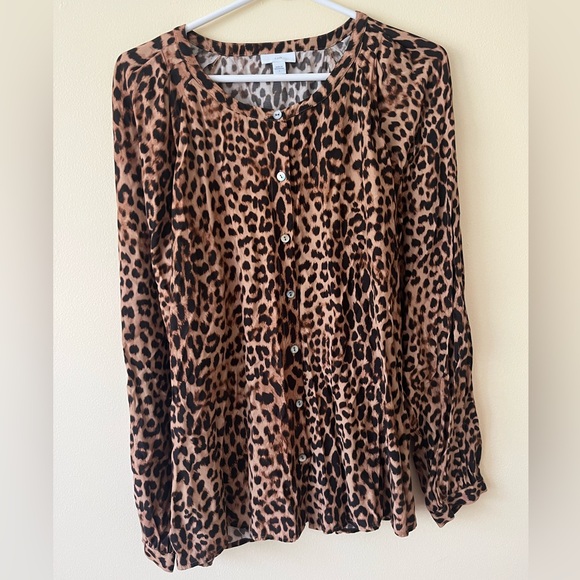 J Jill animal print long sleeve button up top large - Picture 1 of 3